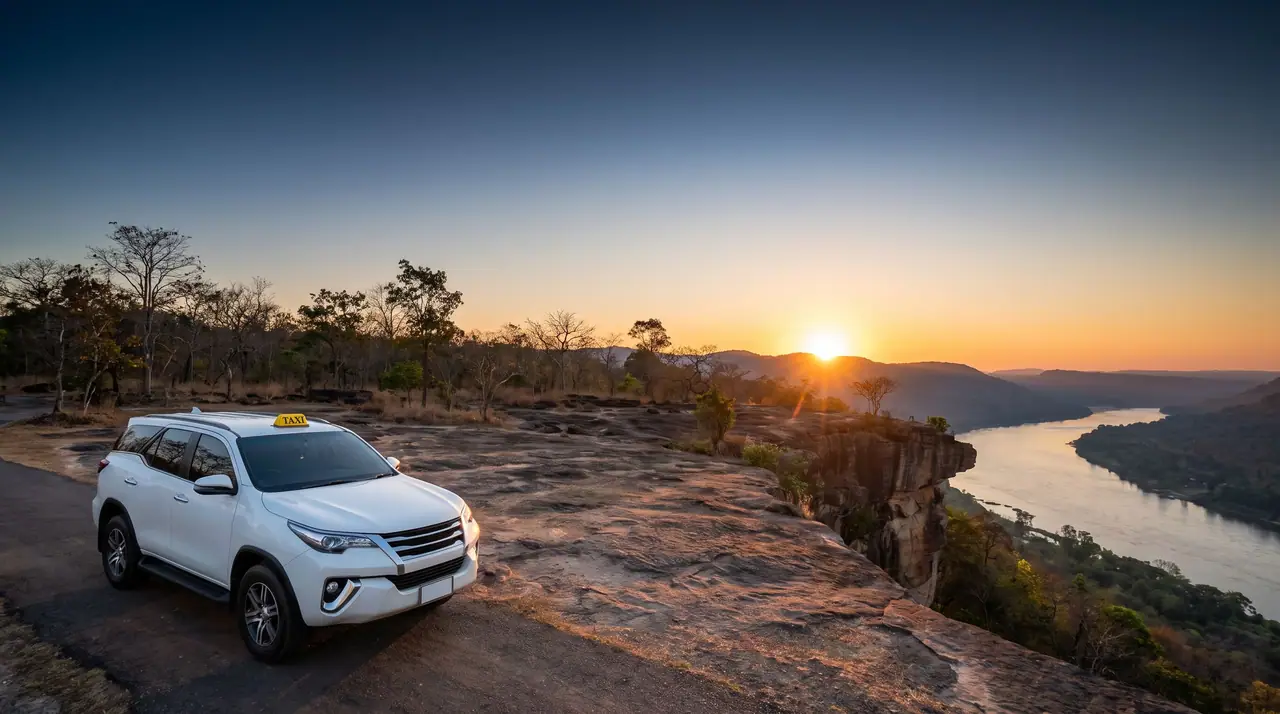 A white SUV taxi on the cliff top at Pha Taem above the Mekong at sunrise